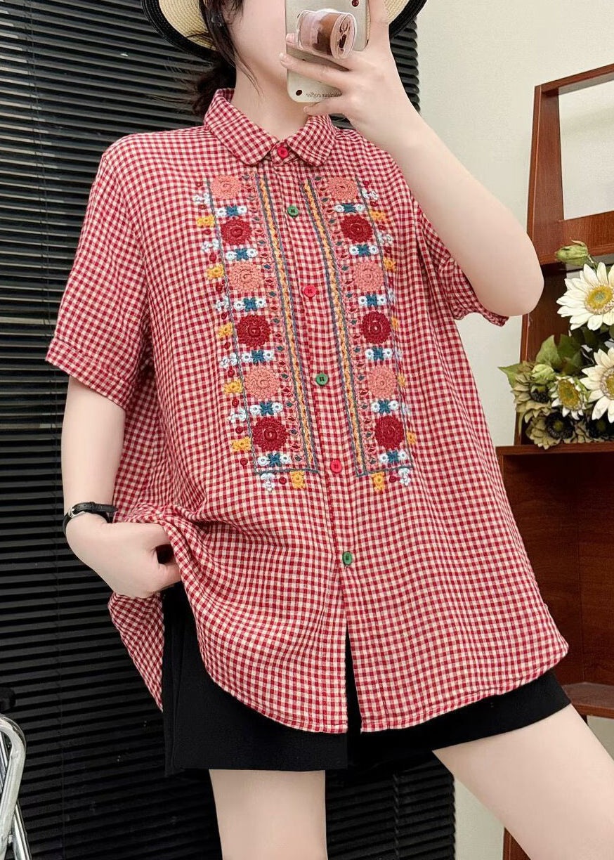 Red Embroidered Plaid Linen Tops Summer