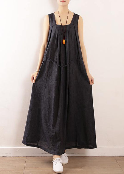 Dark Blue Linen Cotton Robes Fine Sewing Sleeveless Drawstring Maxi Summer Dresses
