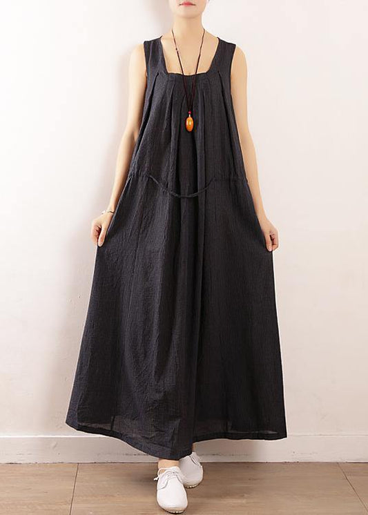 Dark Blue Linen Cotton Robes Fine Sewing Sleeveless Drawstring Maxi Summer Dresses