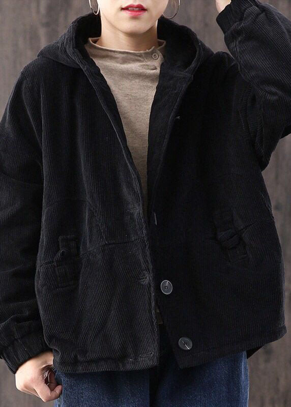 Black Warm Fine Cotton Filled Corduroy Hooded Coat Winter