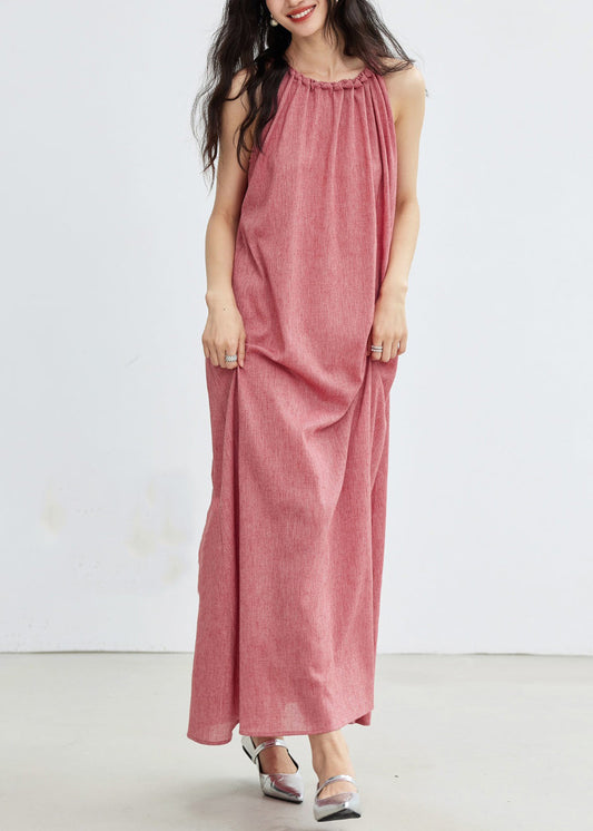 Pink Lace Up Cotton Long Dress Sleeveless