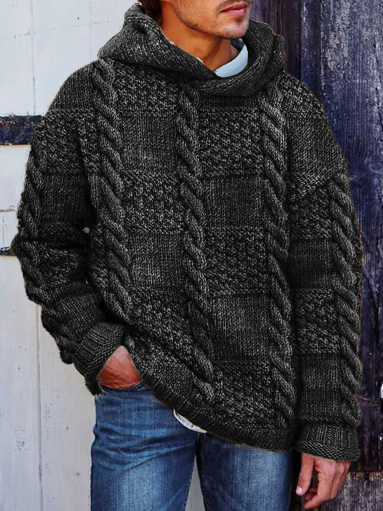 Men's Retro Check Cable Knit Chunky Hooded Sweater artswardrobe