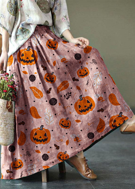Pink-pumpkin Print Ramie Elastic Waist Skirt