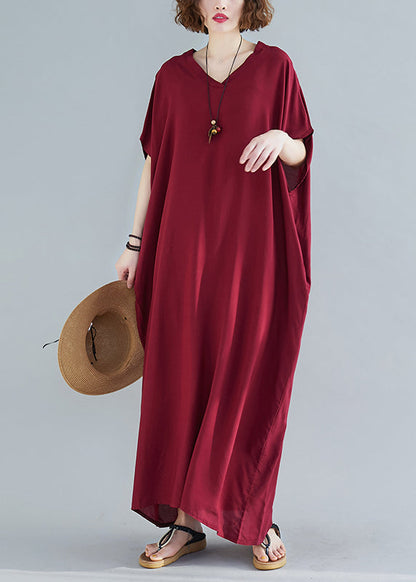 Red V Neck Cotton Ankle Dress Short Sleeve