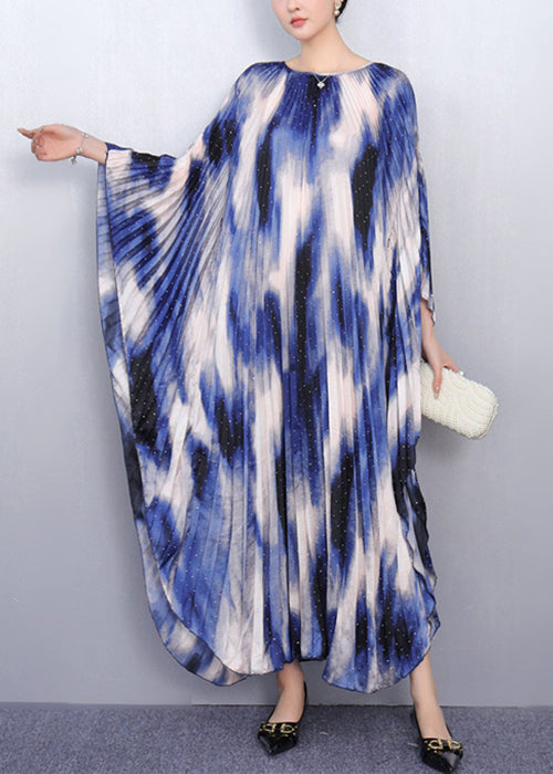 Blue Print Oversized Long Dresses Batwing Sleeve
