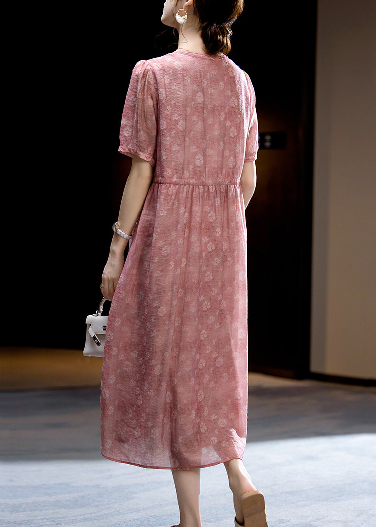 Loose Dark Pink O-neck Print Wrinkled Silk Long Dress Short Sleeve