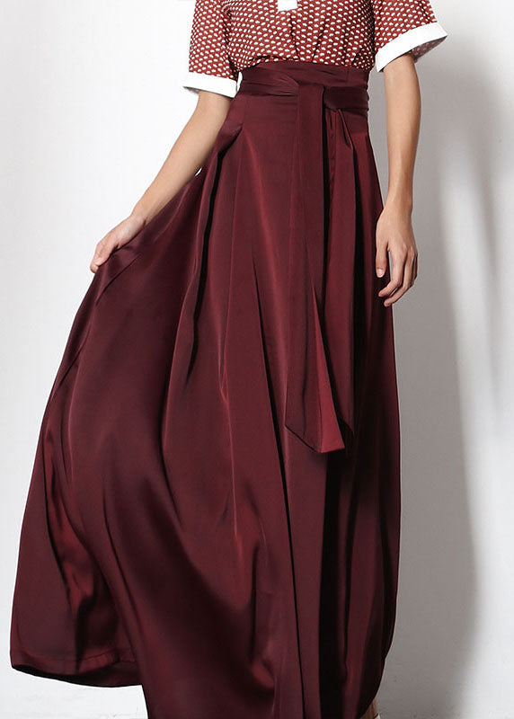 French Red Wrinkled Tie Waist Chiffon Skirt Spring