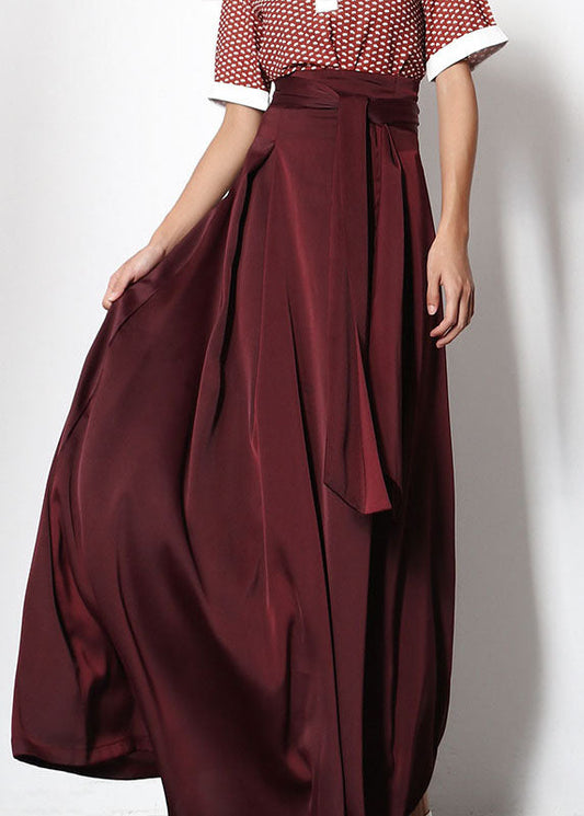 French Red Wrinkled Tie Waist Chiffon Skirt Spring