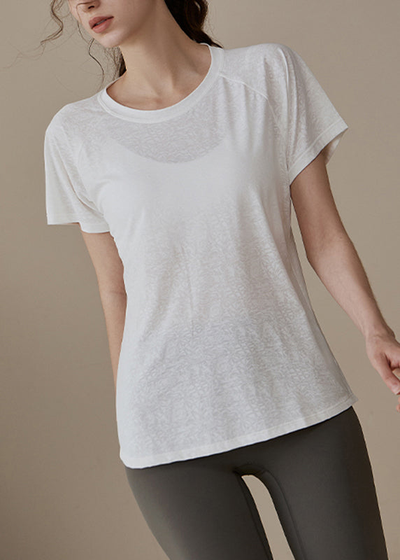 Modern White O-neck Hollow Out Loose Yoga Tops