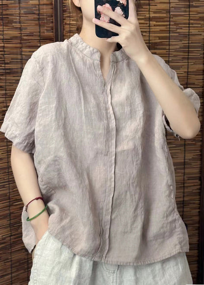 Yellow V Neck Patchwork Linen Shirts Summer
