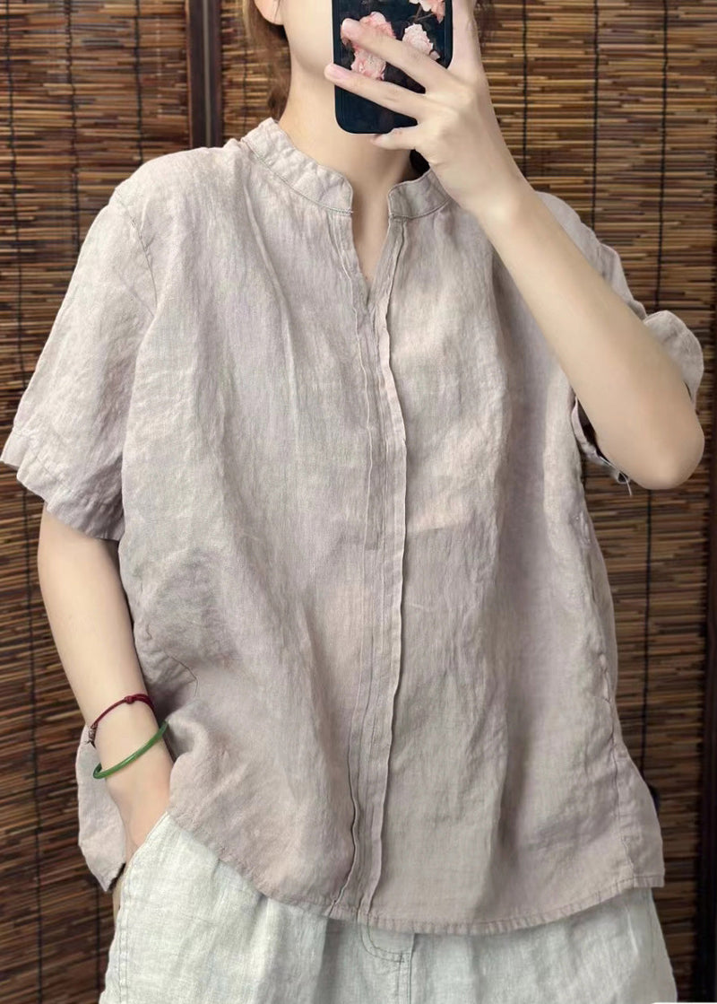 Yellow V Neck Patchwork Linen Shirts Summer
