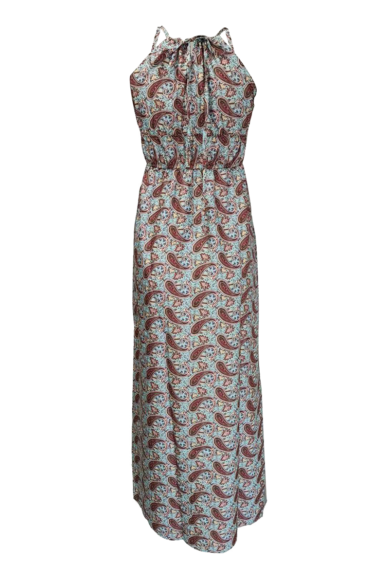 Print Patchwork Halter Pleated Dresses(4 Colors)