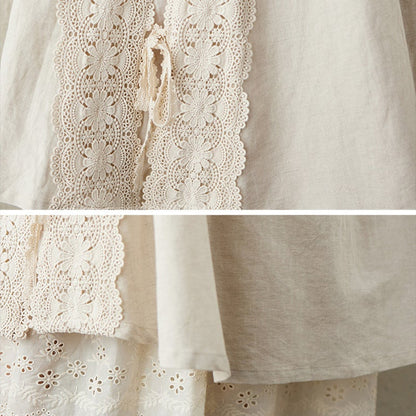 Retro Linen Hollow Embroidery Skirt