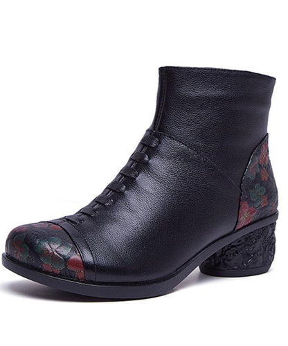 Black Boots Chunky Cowhide Leather Embossed Boots