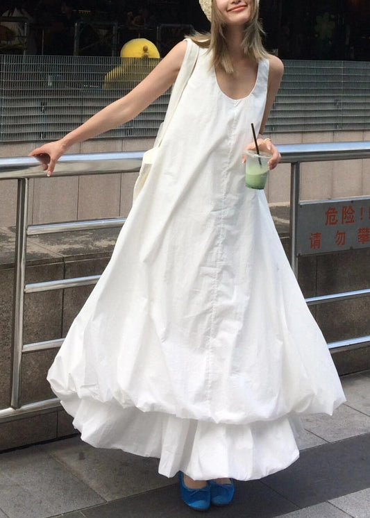 New White U Neck Cotton Long Dresses Dresses Sleeveless