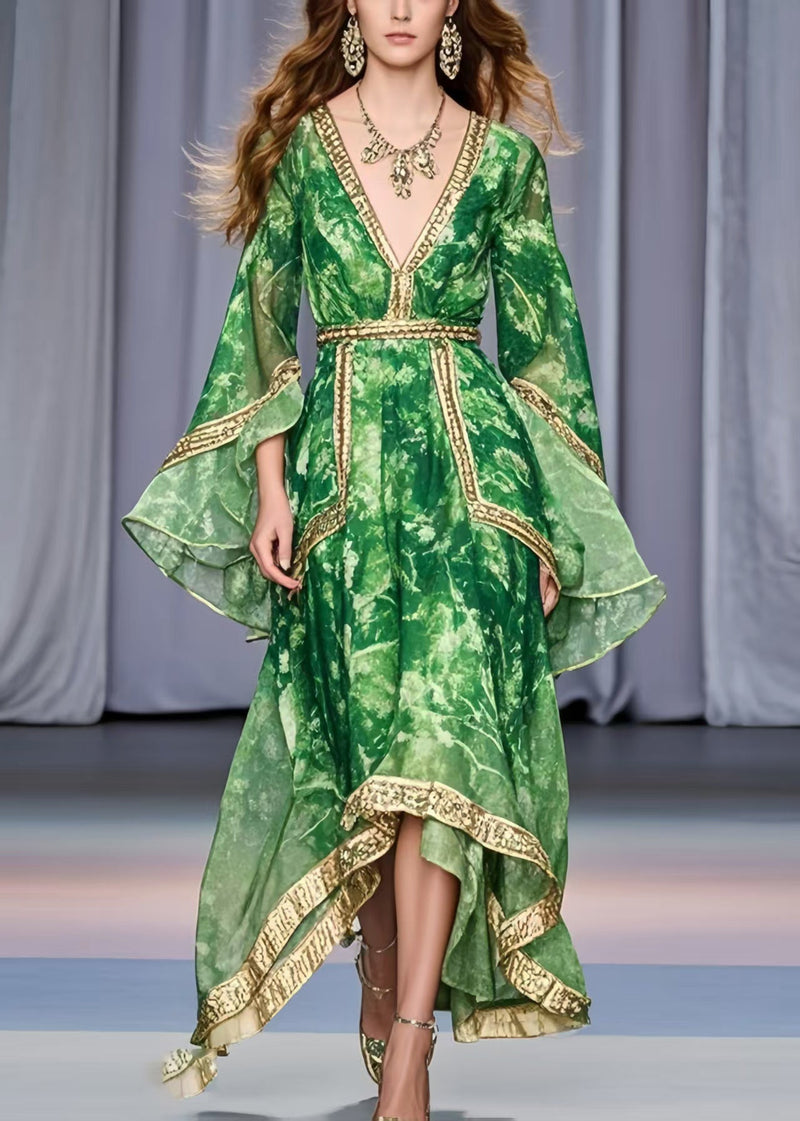 Grass Green Asymmetrical Design Chiffon Holiday Dress Flare Sleeve