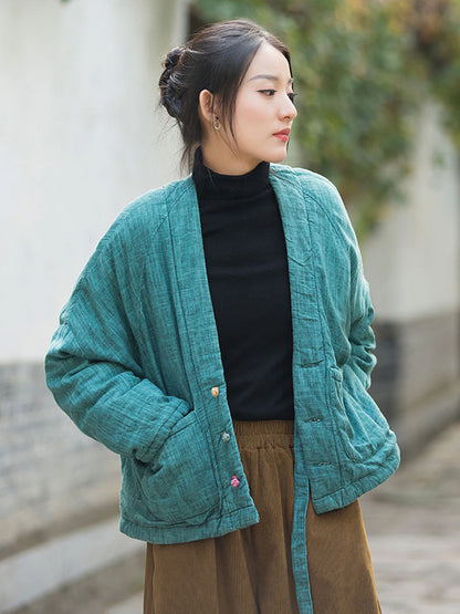 Winter Artsy Worn Button Pocket Linen Coat