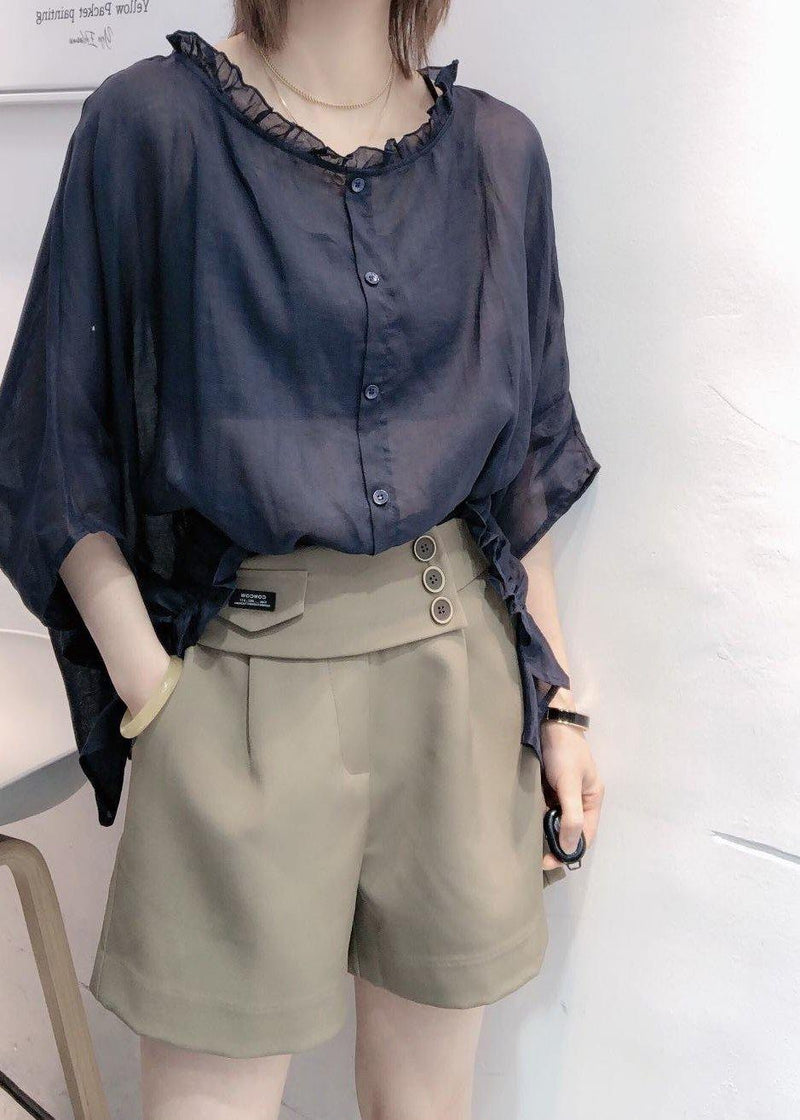 Art Navy Tops Ruffles Trim Half Sleeve Shirts Blouse