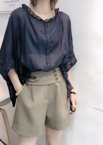 Purple Tops Ruffles Trim Half Sleeve Shirts Blouse