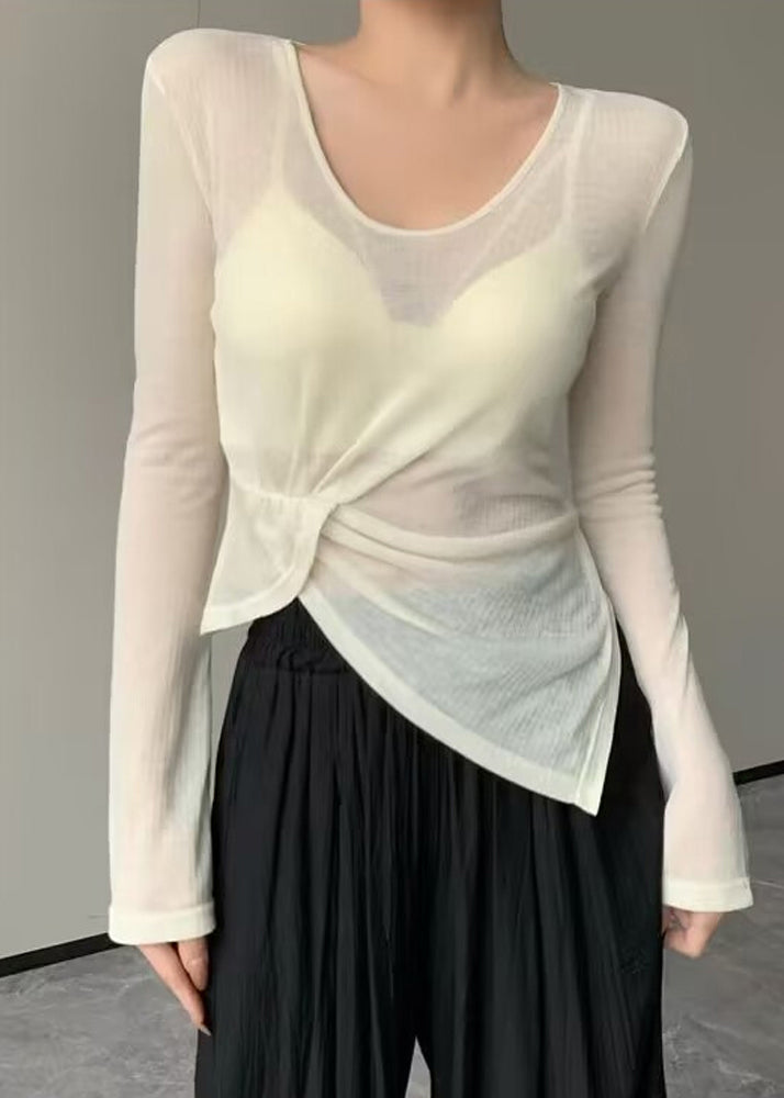 Beige Asymmetrical Wrinkled Ice Silk Yoga Top