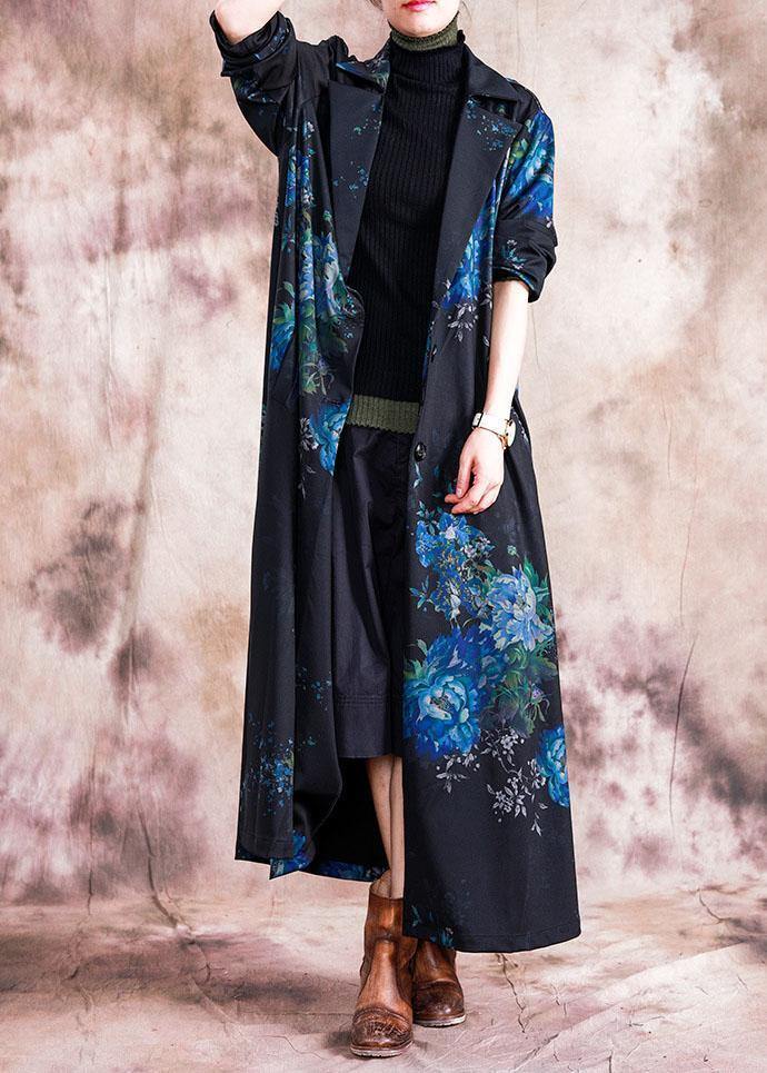 Fine Blue Prints Coats Loose Fitting Trench Coats Fall Outwear Lapel Collar