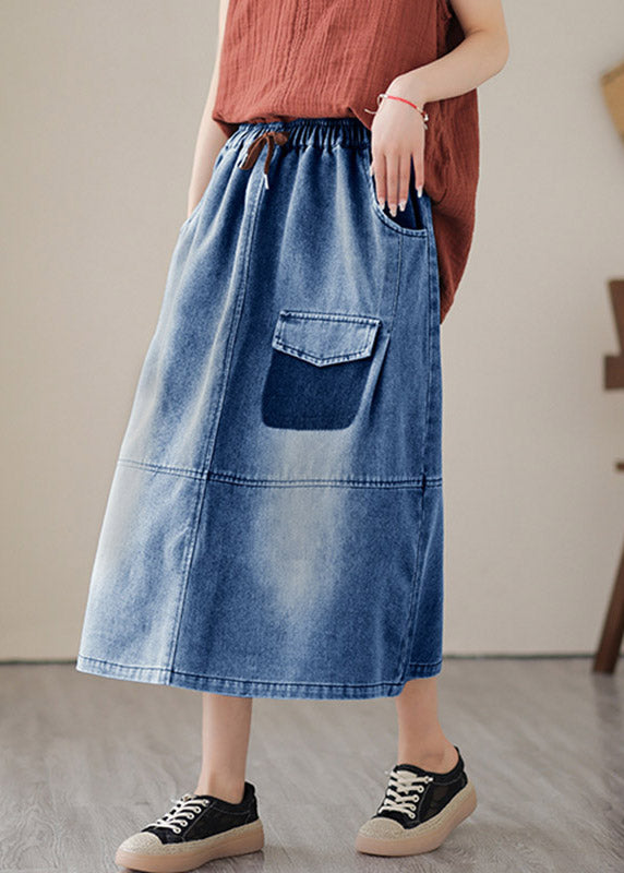 Blue Patchwork Drawstring Elastic Waist Denim Skirts Summer