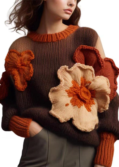 Brown O Neck Cotton Knit Sweaters Long Sleeve