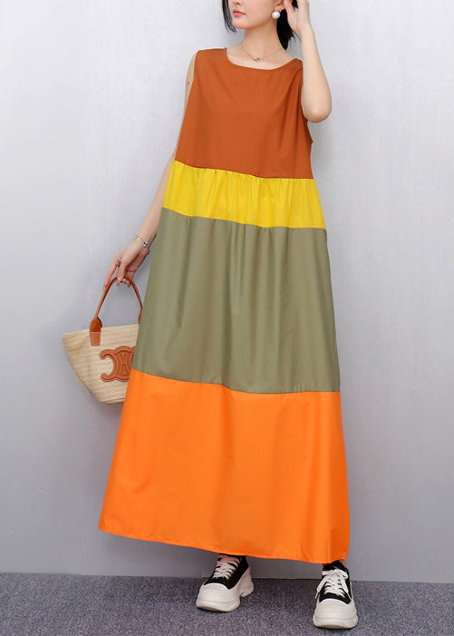 Italian Orange Oversized Patchwork Cotton a Line Dress Sleeveless