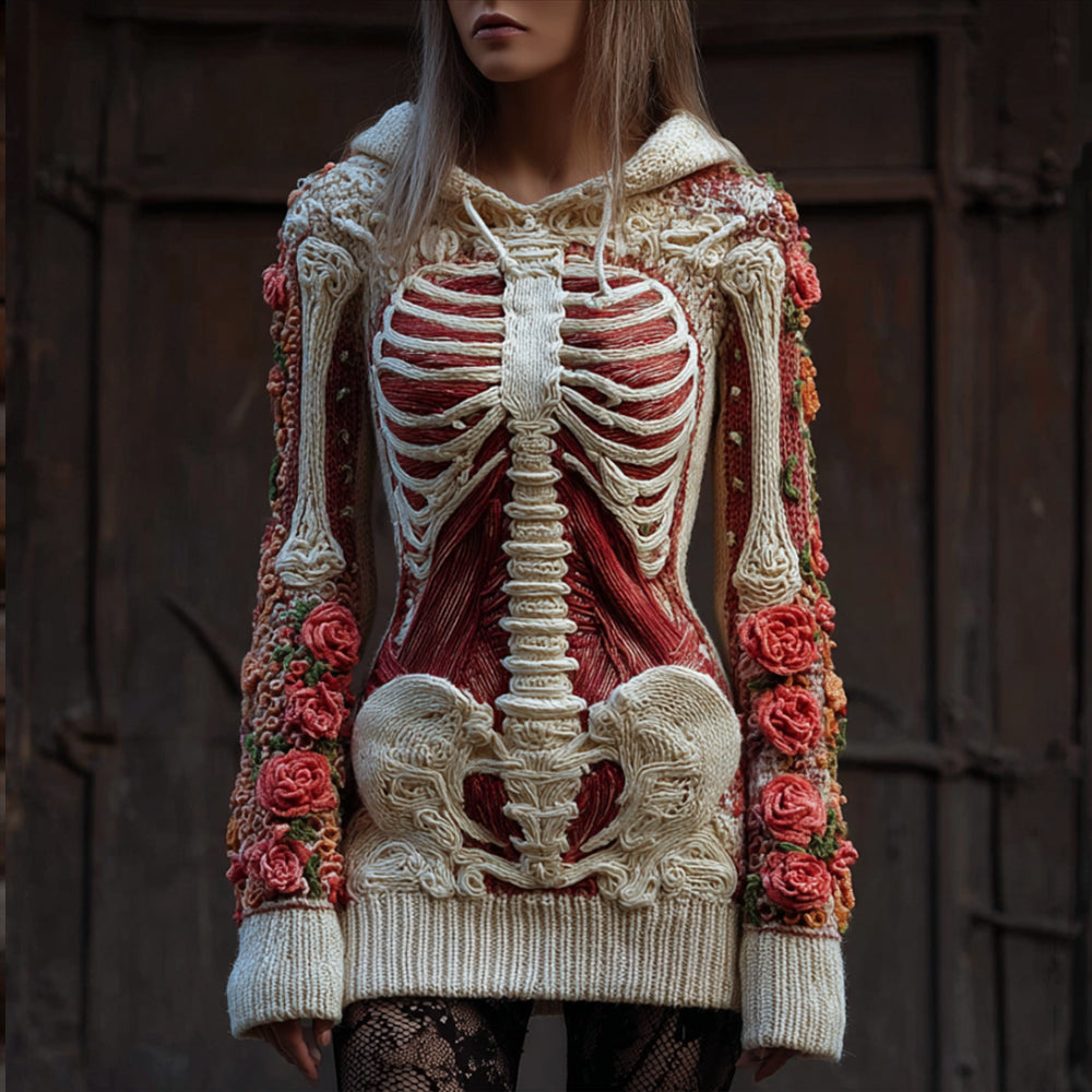 Comstylish Halloween Anatomy Art Flower Clash Vintage Hooded Sweater