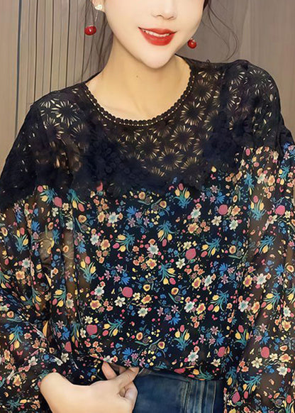 Blue O-neck Print Hollow Out Chiffon Shirt Fall