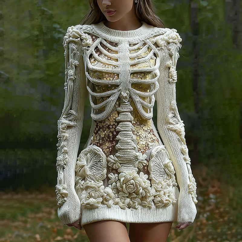 Comstylish Women's Vintage Halloween Skeleton Bones With Glitter And Rose Art Cozy Knit Mini Sweater Dress