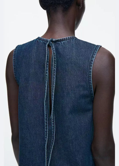 Natural Navy Backless Lace Up Denim a Line Dresses Sleeveless