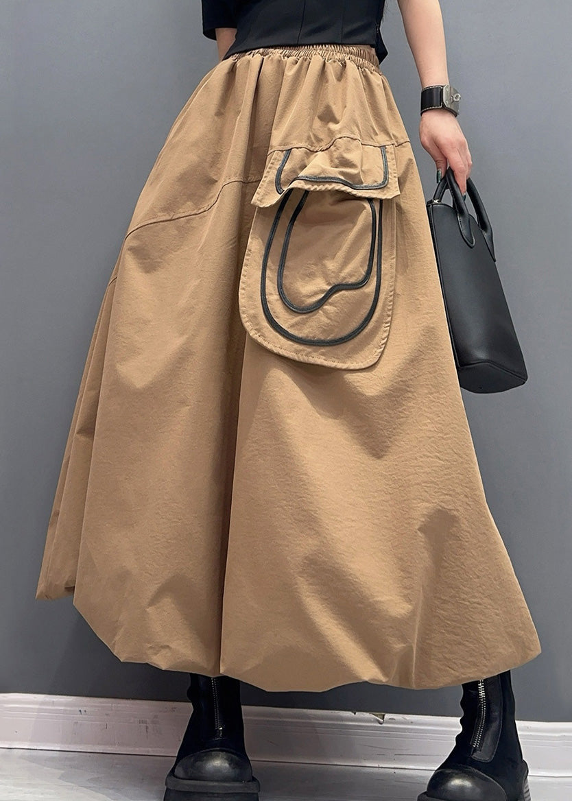 Khaki Pockets Elastic Waist Cotton Skirts Summer