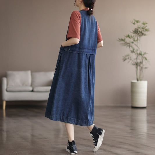 Mid Length Sleeveless Large Pocket V-neck Dress