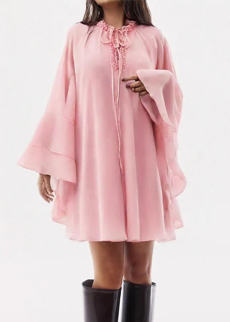 Pink Ruffled Lace Up Chiffon Mid Dress Flare Sleeve