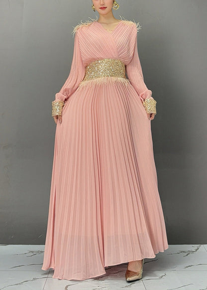 Pink Wrinkled Tunic Holiday Maxi Dress Fall