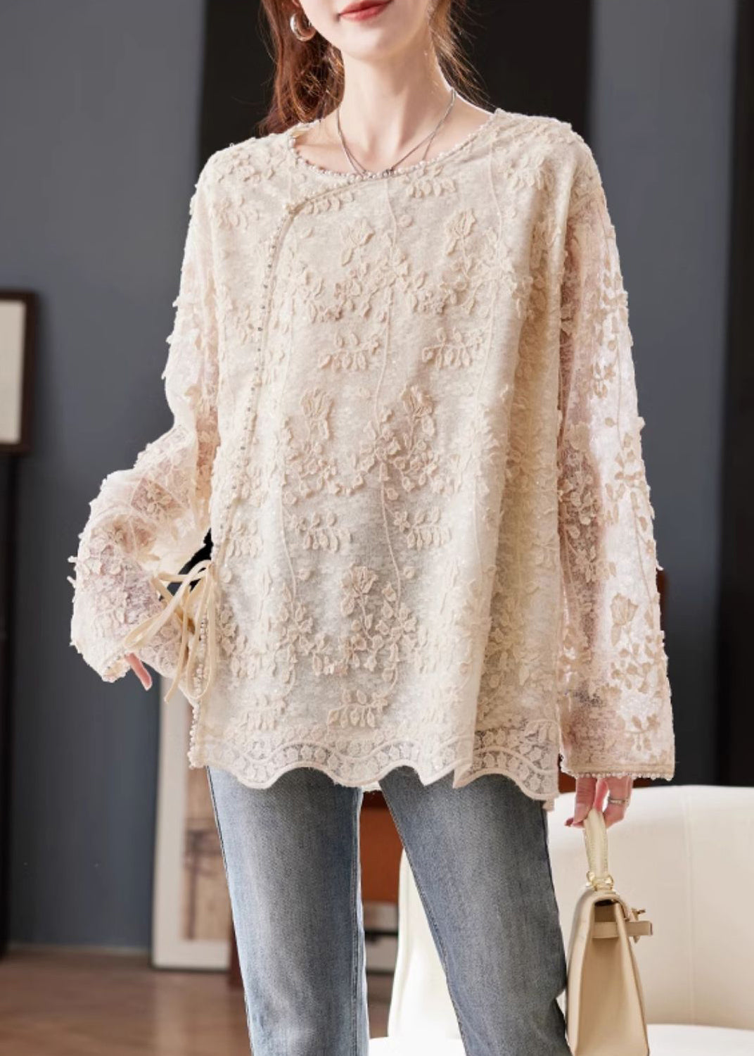Beige Embroidered Nail Bead Lace Up Chiffon Shirt Spring
