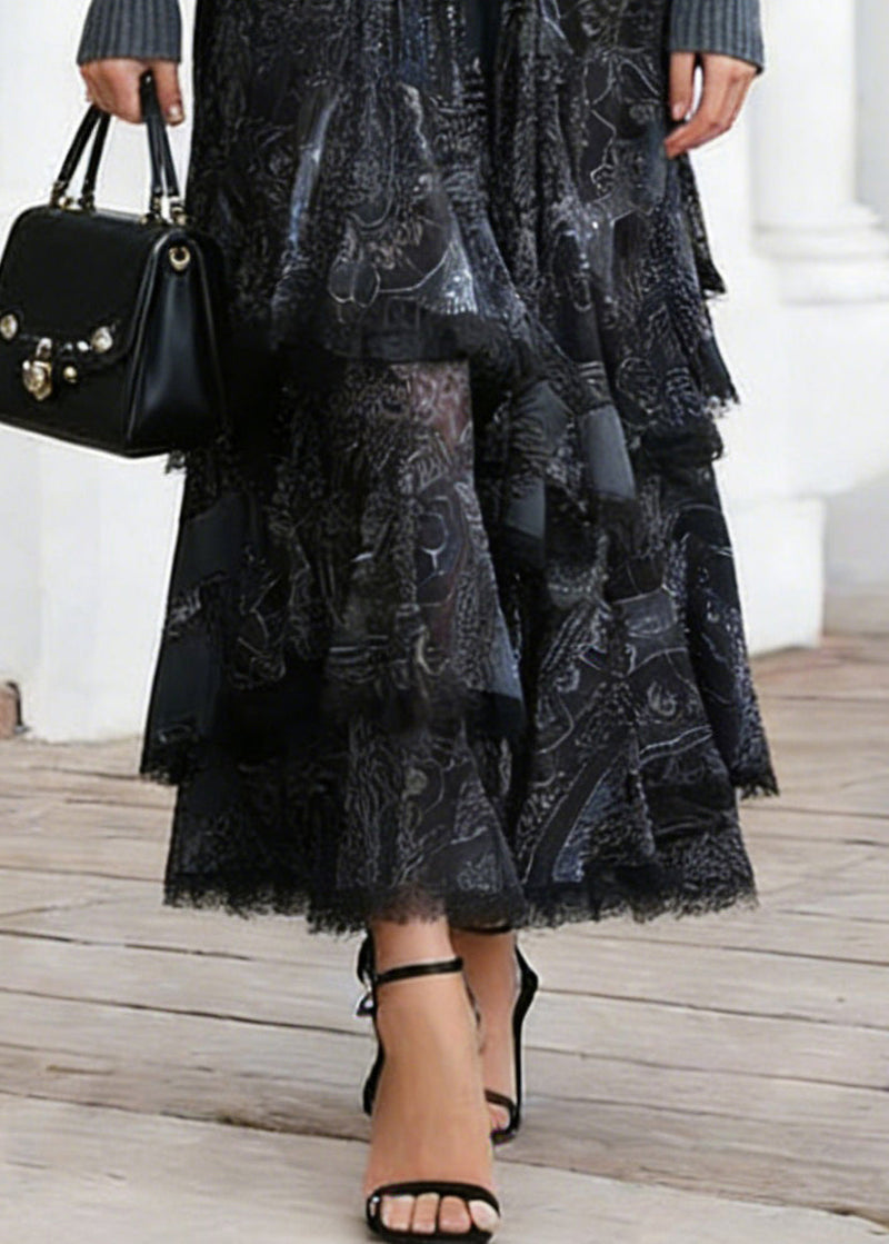 Black Print Elastic Waist Lace a Line Skirts