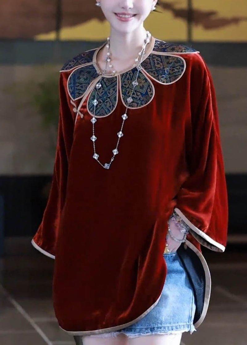 Mulberry O-neck Button Silk Velour Shirt Fall