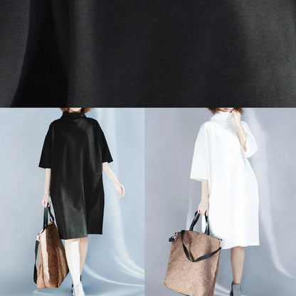 Simple White Cotton Tunic Dress High Neck Half Sleeve Oversized Dress