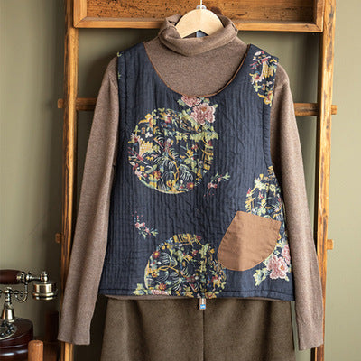 -print Cotton and Linen Quilted Vest