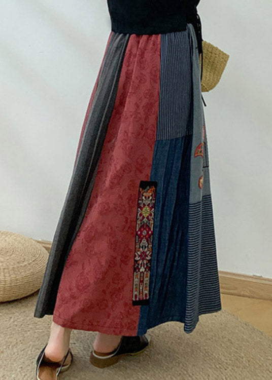 Novelty Navy Blue Print Patchwork Embroideried Tassel High Waist Maxi Skirts