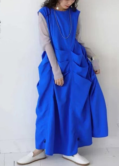 Blue Oversized Wrinkled Cotton Vacation Dresses Sleeveless