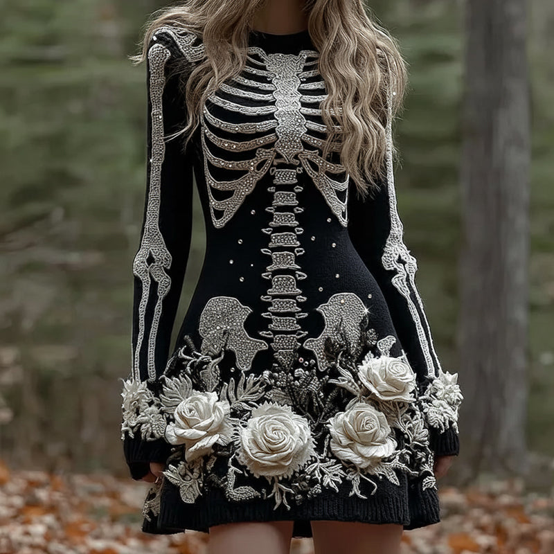 Comstylish Women's Vintage Skull Rose Comfortable Elegant Sweater Dress