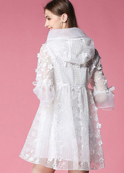 White Hooded Embroidered Tulle Mini Dresses Flare Sleeve