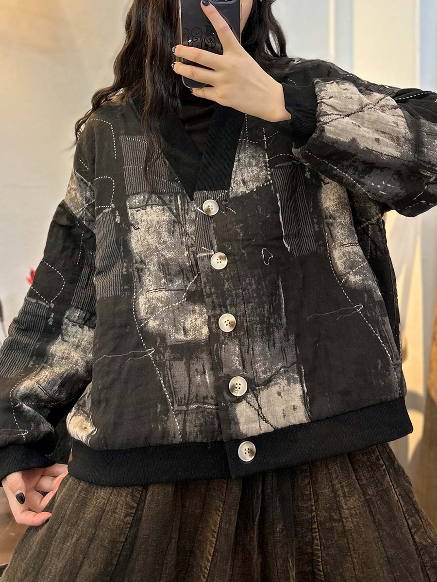 Plaid Print Button V-neck Loose Jacket