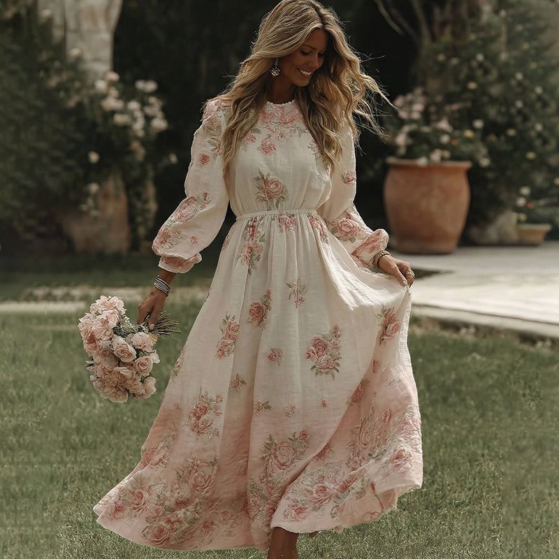 Women's Vintage Pink Rose Art Flowy Maxi Dress elevenforest