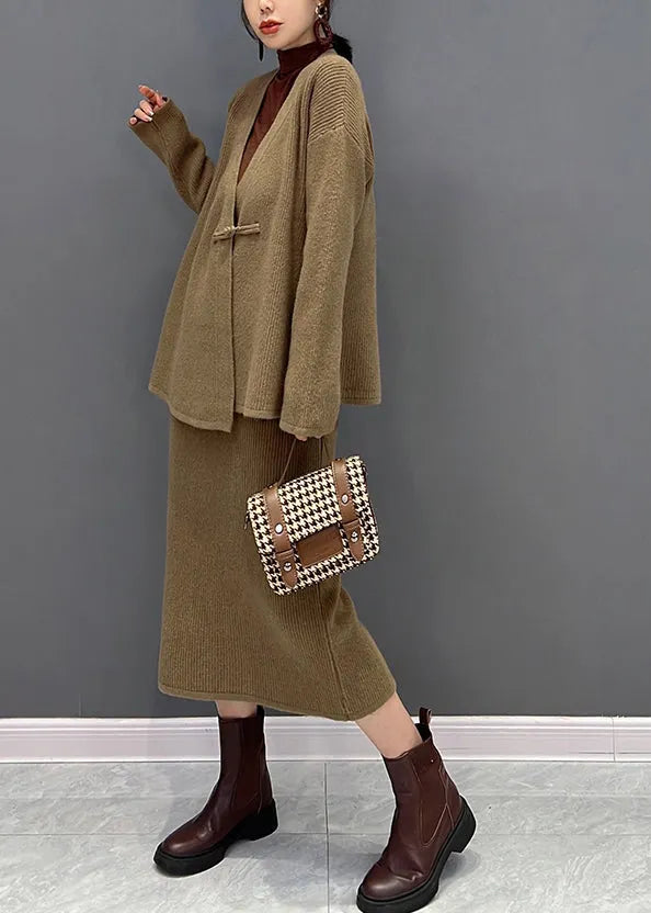 Coffe V Neck Knit Cardigans and Skirts Two Pieces Set Winter