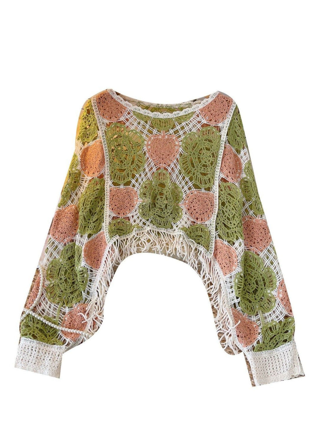 Green O-neck Tassel Hollow Out Patchwork Knit Shirt Fall