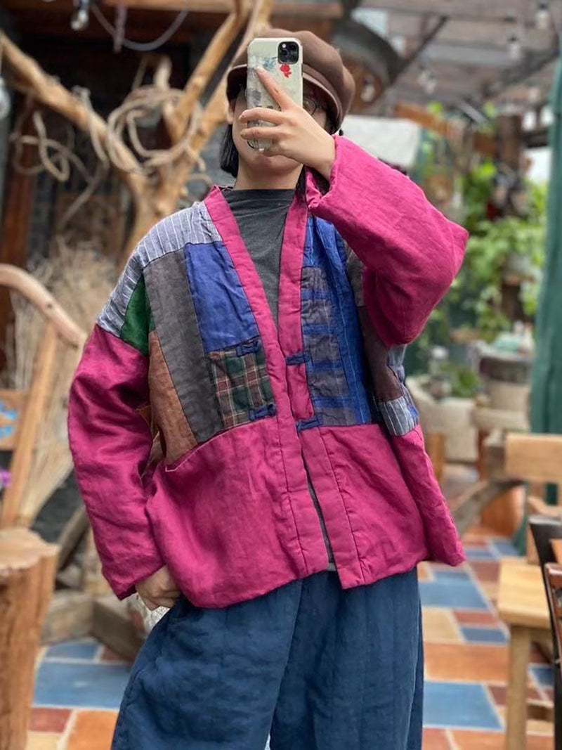 Spliced Button 100%linen Padded Coat